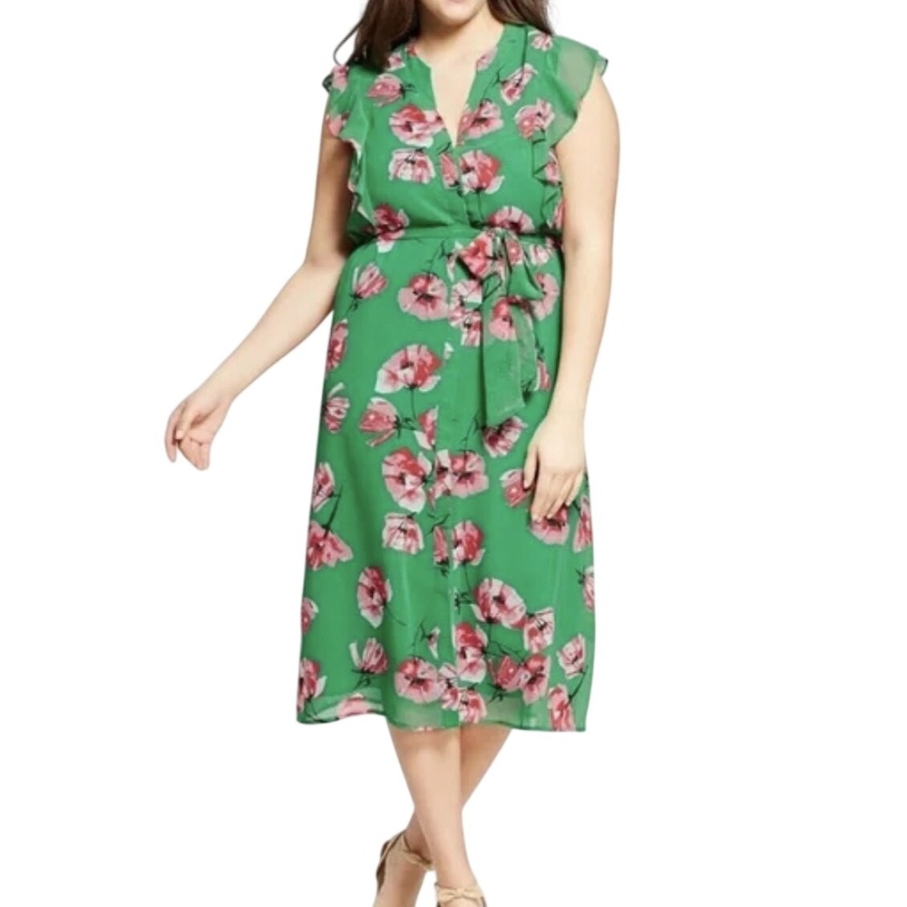 Who What Wear Green & Pink Floral Ruffle Sleeve Tie Waist Midi Dress Size XXL